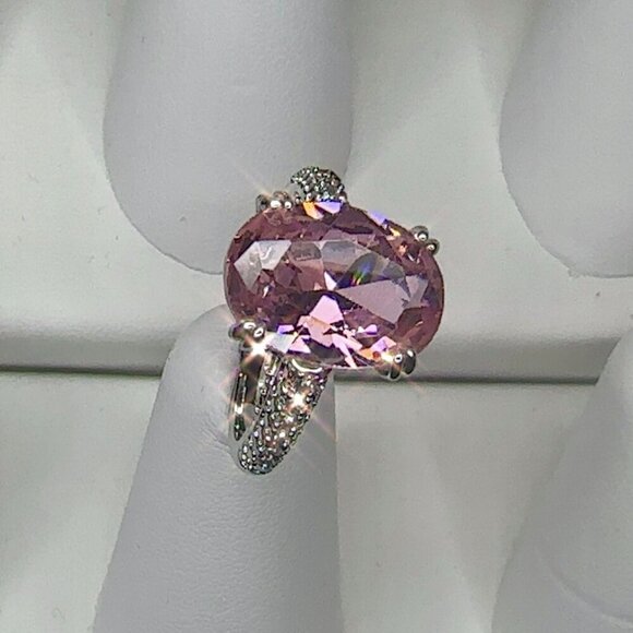 Pink Solitaire Gemstone Ring w/ Clear Accents Silver Plated Engagement size 7 - Picture 8 of 11